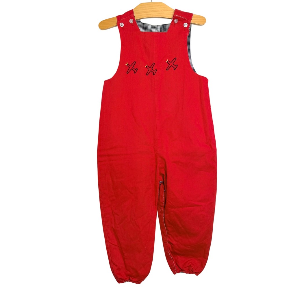 The Bailey Boys Red Airplane Gingham Hen Reversible Longall Overalls 3T USA Made